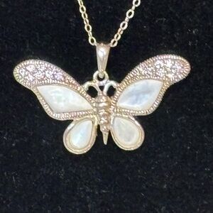 Sterling Silver 925 Butterfly Necklace with Mother of Pearl and Crystals.